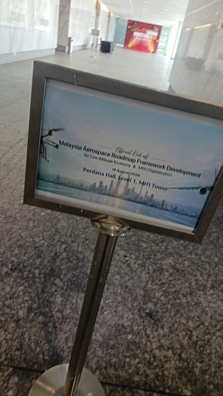 Official kick-off signage at Dewan Perdana, MITI Tower, establishes the formal launch of the national aerospace roadmap development initiative.